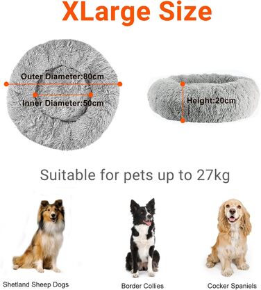 OKPOW Крісло-лежанка для собак та котів, велике, миється, антистрес, затишне, м'яке, плюшеве, для цуценят та кошенят, кругле, супер м'яке, пухнасте, сіре, X-Large, 80 см