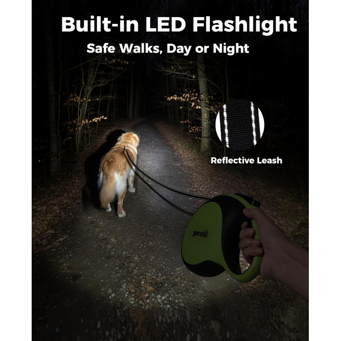 Рулетка для собак Pecute 8м з LED-підсвічуванням, 360° без перекручування, для собак до 50 кг