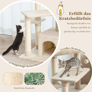 Дерев'яний кігтеточка для котів Costway 85 см з будиночком, м'яким сидінням та іграшкою, бежевий