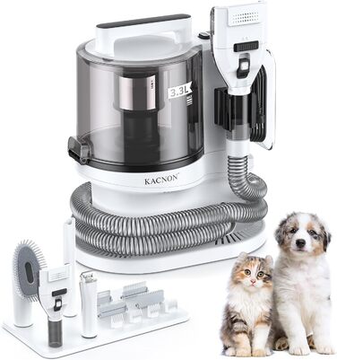 Набір для догляду за тваринами KACNON: шерстьосав'ювач та пилосос 3.3L, 13kPa. Безшумна машинка для стрижки собак та котів. Електрична щітка для тварин. Білий колір