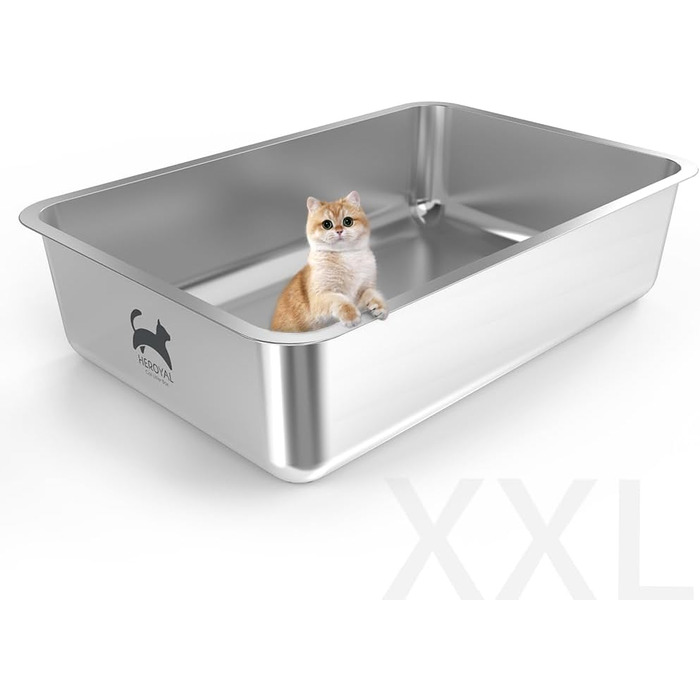 Гігієнічний лоток для котів HEROYAL з нержавіючої сталі XXL 60x40x15 см, відкритий, антипригарний, легкий у догляді, для великих і малих котів та кроликів, не пропускає запахів