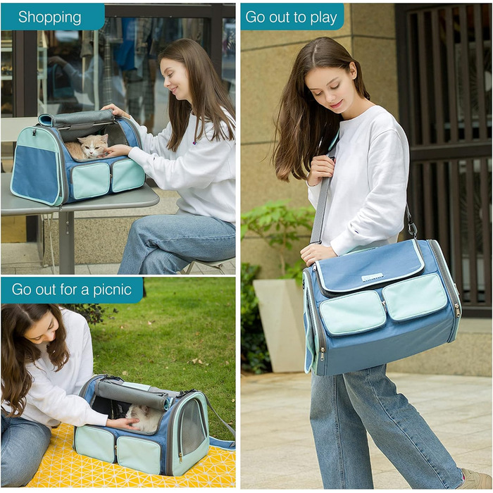 Транспортна переноска для собак та котів PETCUTE, дихаюча, складана, з м'яким матрацом, з плечовим ременем, сертифікована для авіаперевезень (Блакитна)