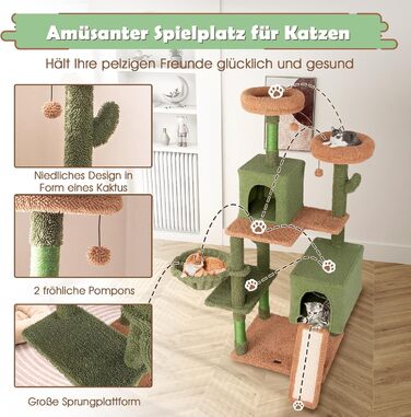 Драбина-кіготь для котів COSTWAY Kaktus: іграшка, платформа, корзина, 2 котячі будиночки, 160 см