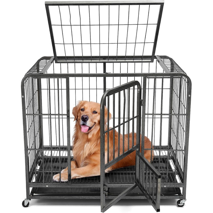 Клітка для собак для дому, ґратчаста клітка-бокс з подвійними дверцятами для великих та середніх собак, клітка для собак у квартиру з знімним піддоном та 2 замикаючими колесами, 79x54x73 см