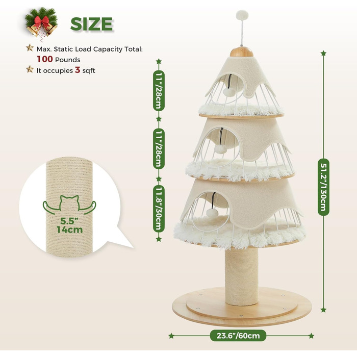 Ігровий комплекс для котів PAWZ Road Weihnachtskatzenbaum, 130 см, котяче дерево з сизалевою дряпочкою та 3 великими будиночками, білий