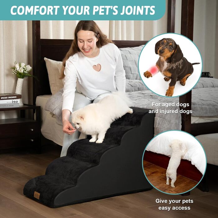 Сходинки для собак маленьких порід 50 см, сходи для тварин на ліжко з високощільним губчастим матеріалом, сходинки для собак з пральною наволочкою та неслизьким дном, 40x72x50 см, 4 сходинки (Чорний, 5 сходинок (40x84x57 см))