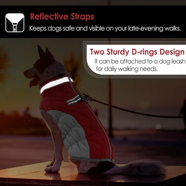 Зимовий теплий одяг для собак AOFITEE: куртка з флісу, світловідбиваючий дизайн, з нашийником та блискавкою. Водонепроникний костюм для собак маленьких, середніх та великих порід. Колір: червоний, святковий.