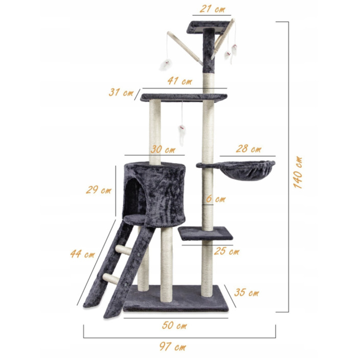 Високий кігтеточка-комплекс для котів Pet HOBBY, сірий, 5 рівнів, 140 см