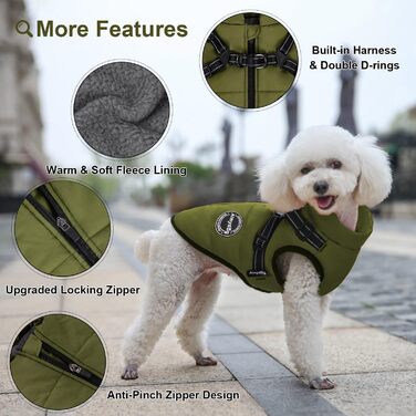 Зимовий одяг для собак: тепла куртка з нагрудником, вітрозахисна жилетка з флісовою підкладкою для маленьких собак (зелена, M)
