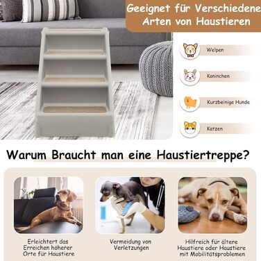 Сходинка для домашніх тварин GYMAX з 4 сходинками, складана, з пластику, з антиковзкими накладками, 4 килимки, трикутна структура, допомога у підйомі для котів та собак (Сірий)