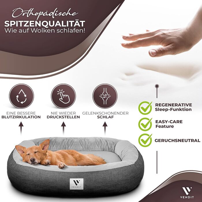 Ортопедичне ліжко для собак Vendit XL для середніх собак - матрац з Memory Foam, антибактеріальне та нейтралізуюче запахи, водонепроникне та стійке до подряпин, зі знімним чохлом, нековзне та довговічне. Розміри: 120 x 85 x 19 см