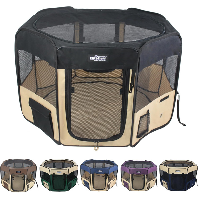 Клітка-вольєр EliteField для домашніх тварин з 2 дверцятами, м'яка, різні розміри та кольори, для собак, котів та інших тварин (91,4 x 91,4 x 61,4 см, Чорний + Бежевий)