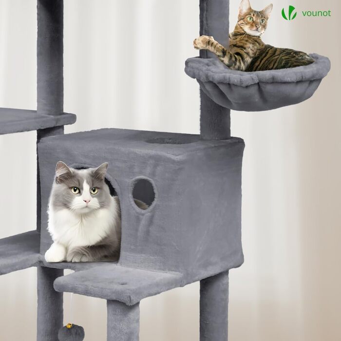 Двоповерховий котячий будиночок Vounot XXL (215 см), стійкий котячий комплекс з гамаком, корзиною та шматочками для дряпання, сірий