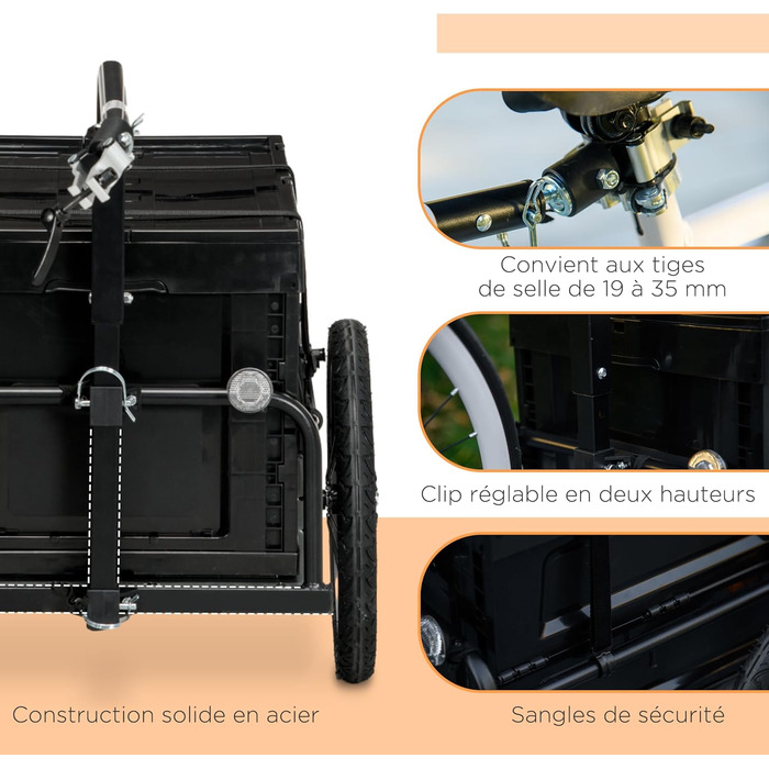 Причіп для велосипеда HOMCOM з ящиком, знімний та складаний, 65 л, колеса та світловідбивачі, максимальне навантаження 40 кг, чорний