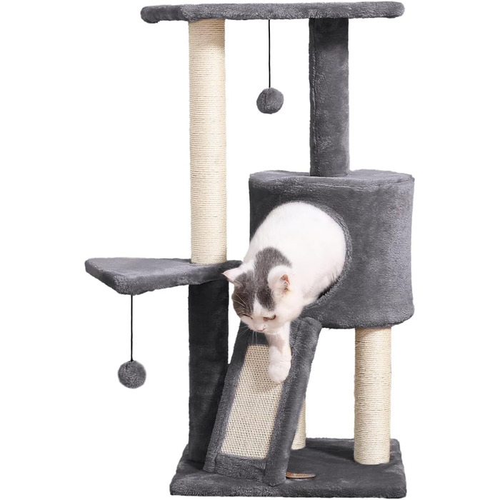 Дряпак для котів PATAM з сизалю, котяча печера та пандус, посилена основа, легка збірка – висота 83,5 см, іграшки Бежевий (Темно-сірий)