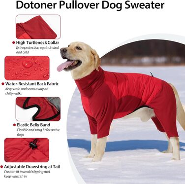 Зимовий теплий одяг для собак Dotoner: теплий, вітронепроникний, з отвором для шлейки (L, Червоний)