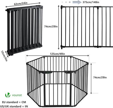 Захист для каміну Vounot - сітка металева, 5 елементів, з дверцятами, чорна 300x75 см (375 см у складеному стані)