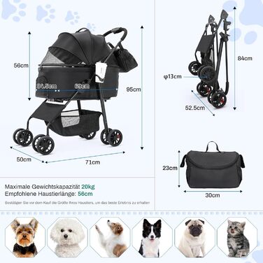 Візок для собак Mamizo 3-в-1, до 30 кг, з сумкою, для малих/середніх собак і котів, чорний, тканина Леїнен