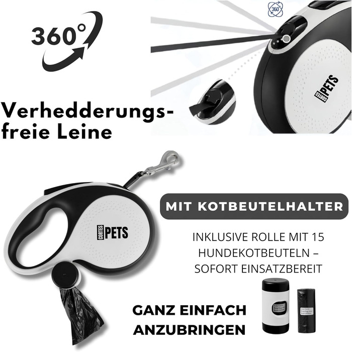 Висувна поводок для собак CORTESPETS® 5м - для малих та великих собак до 50 кг - високоякісна роликова поводок з зручним ручним захопленням (білий, L, 5м, до 50кг)