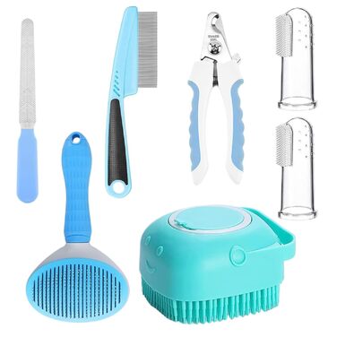 Набір для догляду за шерстю котів та собак: щітка, триммер для нігтів, пилка, гребінець від бліх, 2 зубні щітки для тварин, блакитний