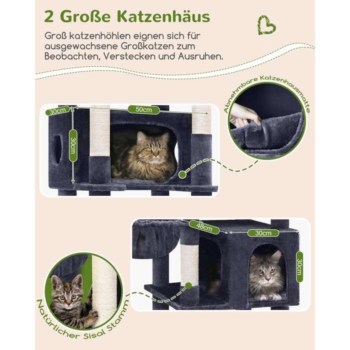 Драбина для котів Globlazer XXL, 188 см, з будиночком, платформами та кошиками. Стабільна, не перекидається, для великих котів. Темно-сірий (S74)