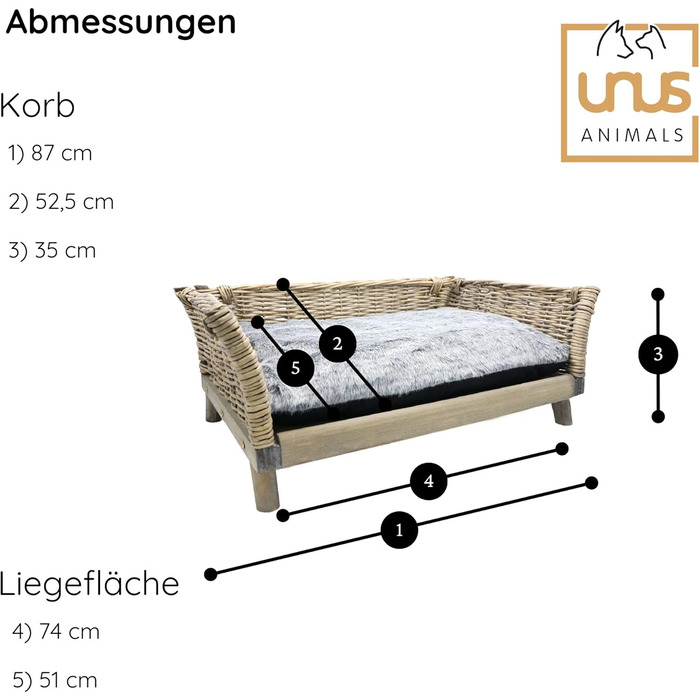 Собаче ліжко UNUS з ротангу, кутовий диван для собак з знімним поліестеровим подушкою, підходить для всіх порід (90 x 55 x 35 см)