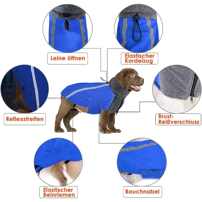 Зимова куртка для собак SlowTon з флісу, тепла та водонепроникна, з капюшоном-шарфом та світловідбиваючими смугами, регульована, для цуценят та собак (Синій, M)