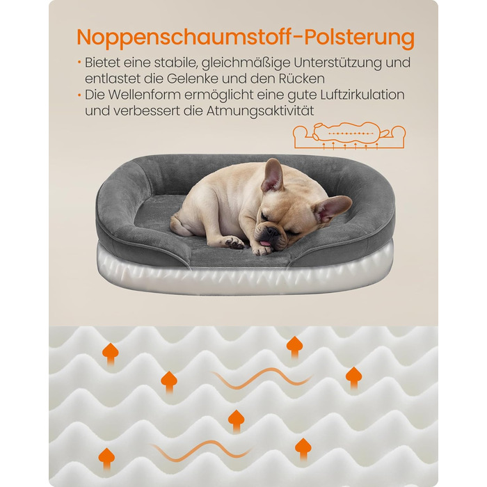 Feandrea лежанка для собак, ортопедична, 76 x 51 x 18 см, сірий колір, для середніх собак, знімний, водонепроникний чохол, протиковзна