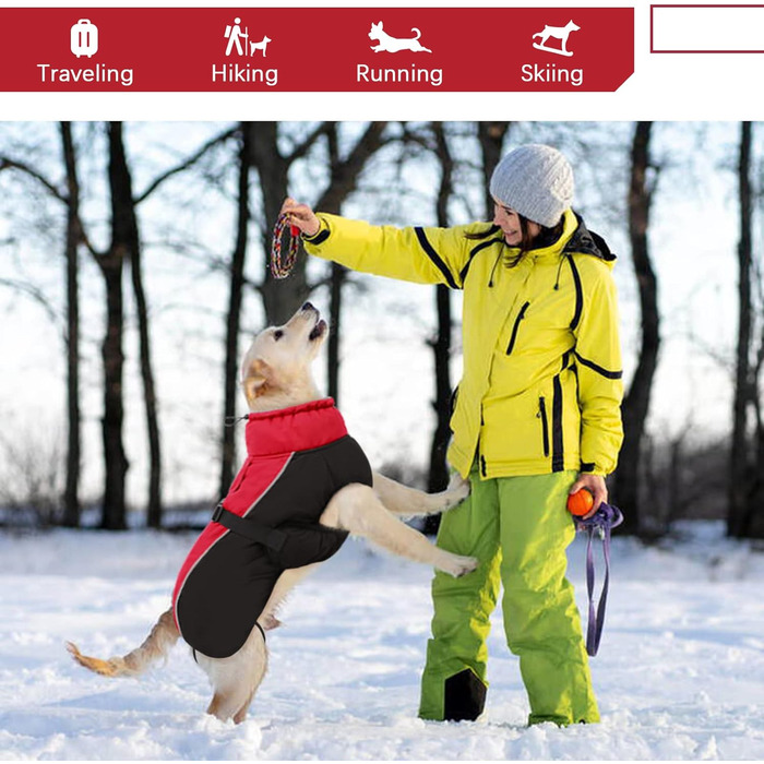 Водонепроникний зимовий одяг для собак: тепла куртка для маленьких, середніх та великих собак. Зимовий одяг для Лабрадора, Чихуахуа, Французького бульдога. З безпечними світловідбиваючими смугами. Червоний колір.