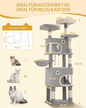 Кігтеточка для котів Hzuaneri, 159 см, з 8 стовпчиками, 3 платформами, 2 ховалами, корзиною, плюшевими кульками, мотузкою з сизалю, підходить для котів різних розмірів, MS15918LG (XL, світло-сірий)