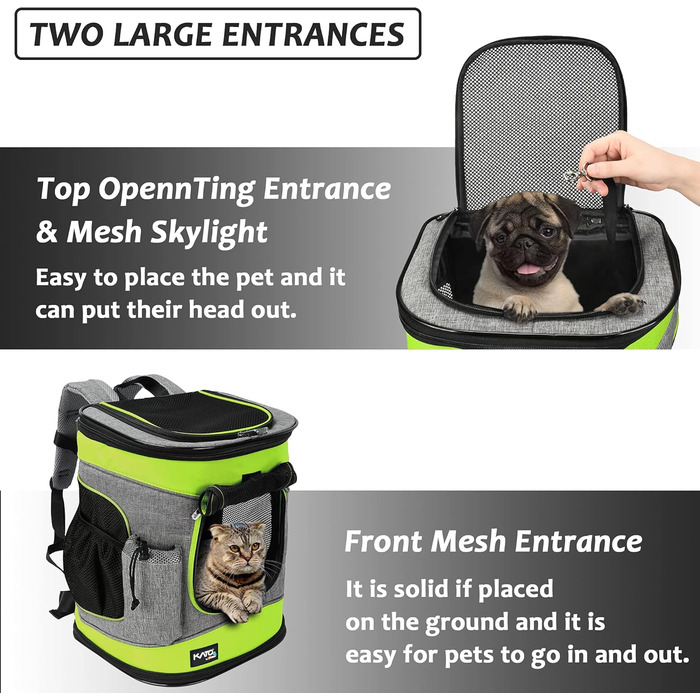 Рюкзак-переноска для собак та котів Kato Tirrinia, зелений. Підходить для середніх собак та кошенят, з сіткою для вентиляції.