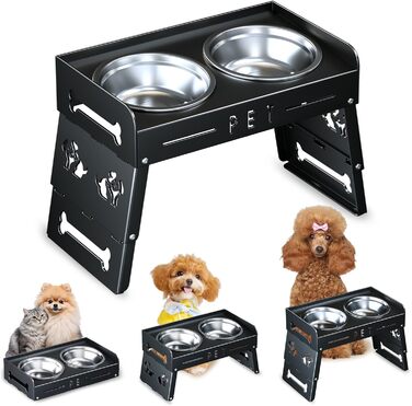 Підвищений годівниця для собак з 3 рівнями – 2 великі миски з нержавіючої сталі для собак маленьких, середніх та великих порід (Чорний матовий)