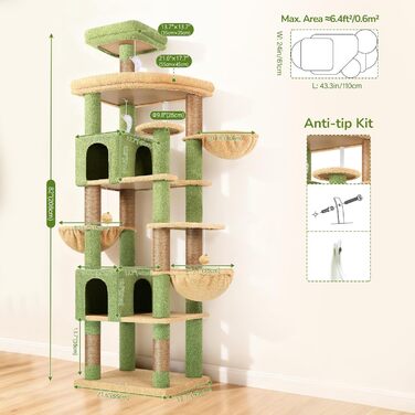 Дерев'яний комплекс для котів Globlazer XXL, 209 см, з 2 будиночками, великою платформою, 3 кошиками, ситцевими стійками, 8 сизалевими стовпчиками для дряпання, стабільний, зелений