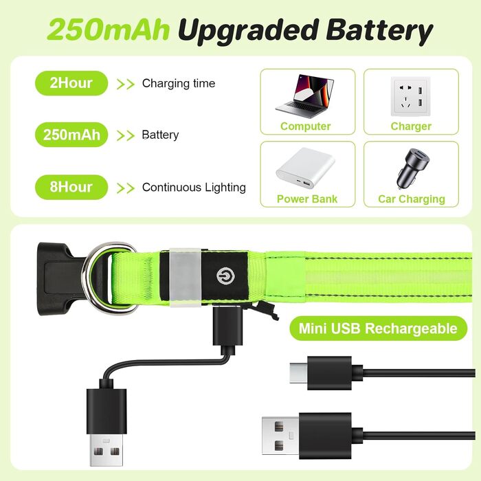 Світлодіодна нашийник для собак Feycig з USB-зарядкою - водонепроникний, регульований, 3 режими, для малих, середніх та великих собак (світло-зелений, L(48-60см))