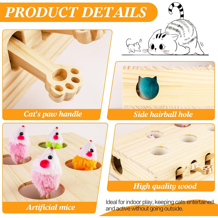 Інтерактивна іграшка для котів BOHJPIS з дерева: мишка-молот, пазл-коробка з іграшками, 5 отворів для тренування та розваг