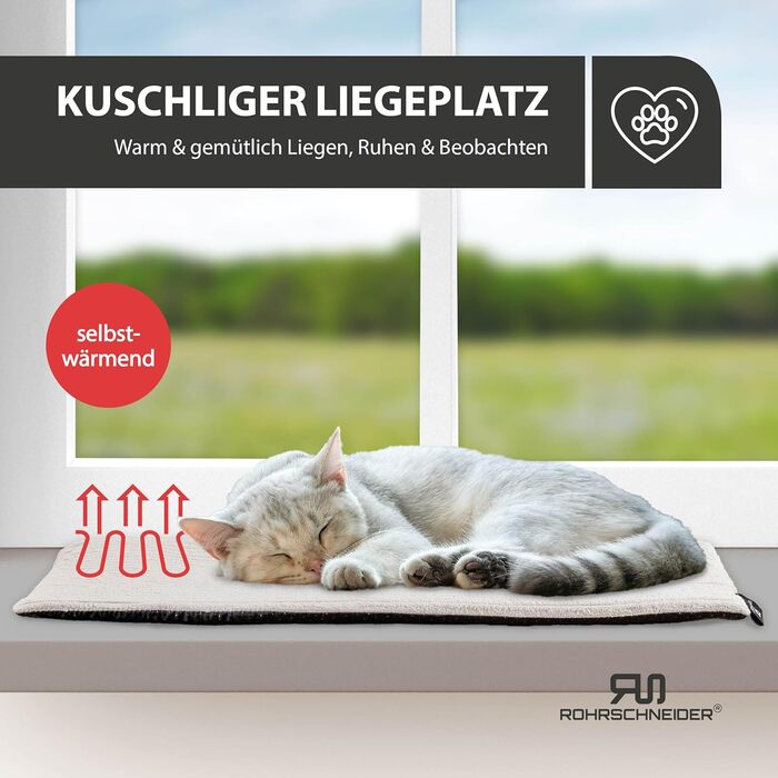 Килимок-ліжко для котів Rohrschneider з підігрівом, з антиковзною підкладкою, з тканини корд, 90 x 29 см (бежевий)