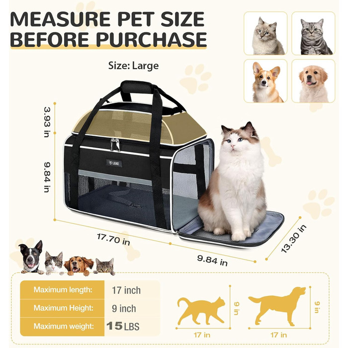 Трансформер для тварин Lekereise: переноска для котів та собак до 5,4 кг, TSA-сертифікована, чорна