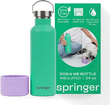 Водяна пляшка для собак Springer Dog and Me 680.4 г з нержавіючої сталі з ізоляцією - зберігає холод до 12 годин. З інтегрованою мискою для води. Кольори: фіолетовий та зелений.