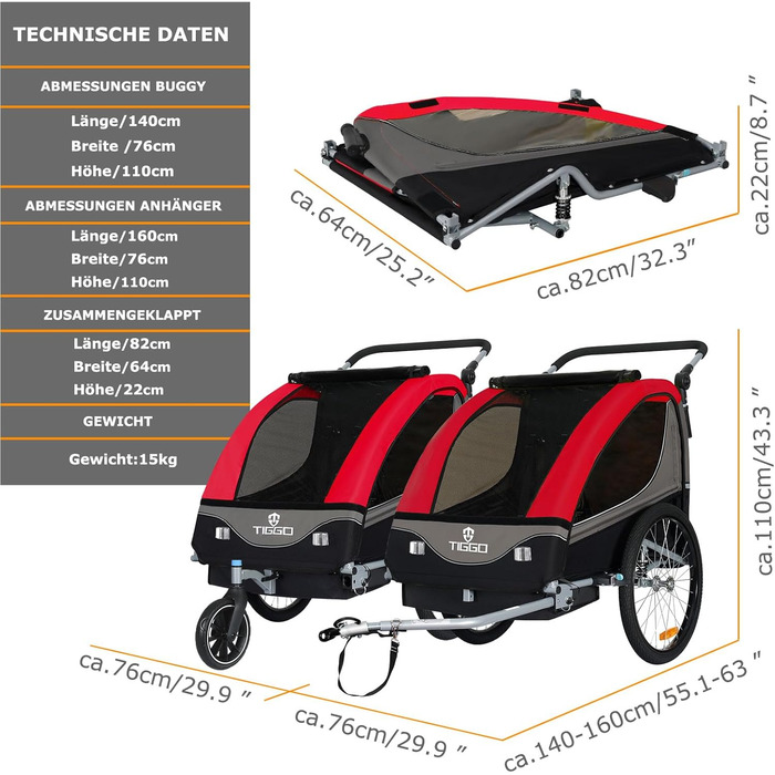 Причіп для дитячої коляски Tiggo S2 з підвіскою, 2-в-1, для бігу та велосипеда, поворотний на 360°, червоний