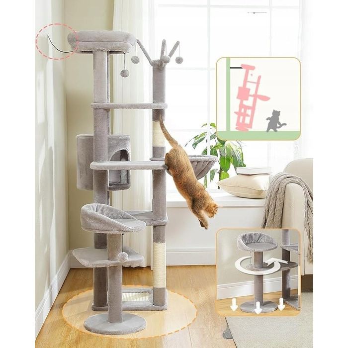 Багатоярусний когтеточка-комплекс для котів 150 см, стійкий, з ліжком — сірий