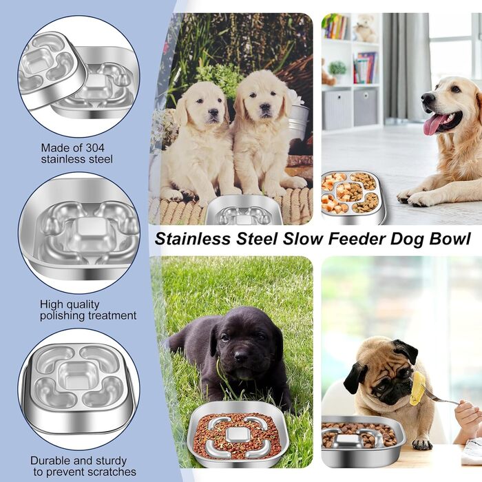 Антишвидковідхарчувальний напувалка для собак, нержавіюча сталь, Slow Feeder, з антиковзним силіконовим килимком, миска для корму для собак великих та малих порід, котів