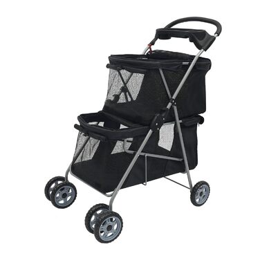 Двоярусний візок для домашніх тварин для собак та котів середніх та маленьких порід - Легкий візок-переноска для прогулянок, подорожей та відпочинку на природі, до 20 кг (Чорний)