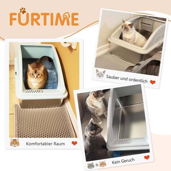 FURTIME Лоток для котів з нержавіючої сталі XXL, 42л, великий об'єм, антивитік, з металевою лопаткою, 60x40x36 см (Сріблясто-сірий)