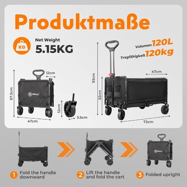 Складаний візок Bollerwagen 120L, до 120 кг з дощеміцким покриттям, тримачем для напоїв, світловідбиваючими смугами. Ідеальний для собак, покупок, кемпінгу, пляжу, транспортування та відпочинку на природі.