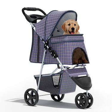 Дитяча коляска для котів та собак, 3 колеса, складний візок для тварин, 13,6 кг, з кошиком та тримачем для напоїв, в клітинку