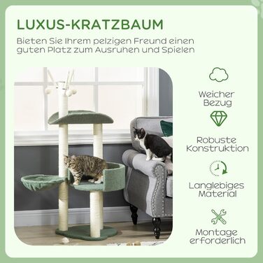 Дерев'яний будиночок для котів PawHut 123H - когтеточка, ліжко, іграшки, сизаль, плюш, кремово-білий+зелений