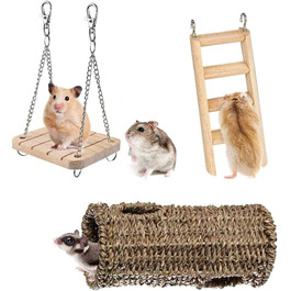 Іграшки для хом'яків Wonninek: набір з 3 іграшок для клітки - драбина, гамак-гойдалка, тунель-гніздо. Підходять для хом'яків, шиншил, морських свинок.