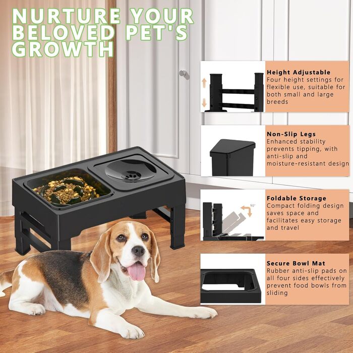 Підвищений годівниця для собак з регульованою висотою, 1600 мл, нержавіюча сталь, антизадушливий та повільне годування, для собак маленьких, середніх та великих порід