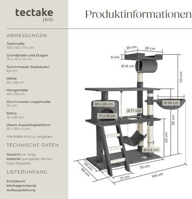 Котячий дряпак tectake 141 см, ігровий комплекс для котів з будиночком, гамаком, іграшкою, драбинкою, сірий, плюш та сизаль, широкий