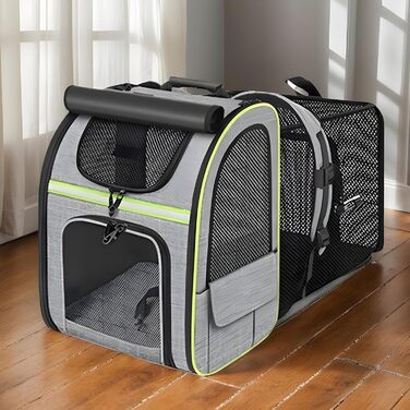 Рюкзак-переноска для котів з висувною мискою – зручна переноска для тварин, дихаюча, складна, для подорожей, прогулянок, транспортування (Сірий з зеленими вставками)